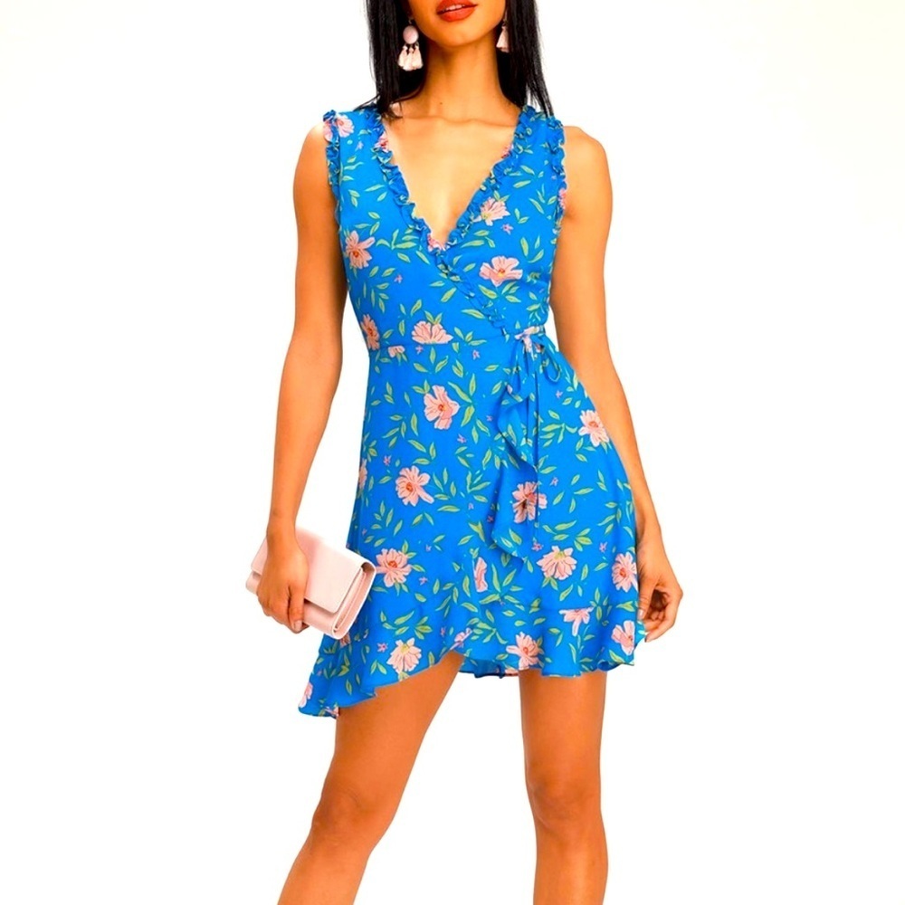 Lulus Lavina Blue Floral Print Ruffled Wrap Sleeveless Tank Feminine Dress
